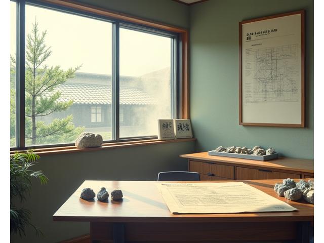 創業当時の海洋がんオフィス風景と初期の鉱物試料