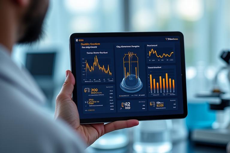 洗練されたラボ環境で、タブレットを用いて品質検査データとQRコードを関連付ける研究者の手元。データの正確性と科学的アプローチを強調。